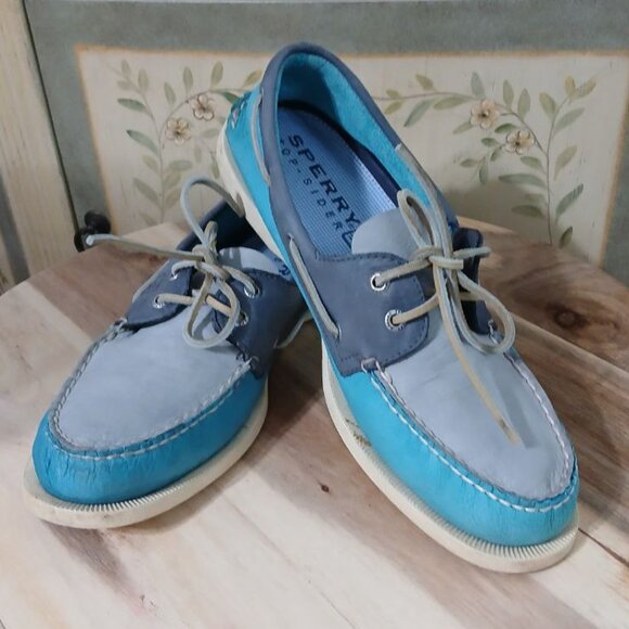 Sperry Top-Sider men’s leather boat shoes, gray/blue, size 11.5 M - Picture 1 of 12